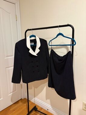 Le Suit Navy Pinstripe Two-Piece Blazer and Skirt with White Collar